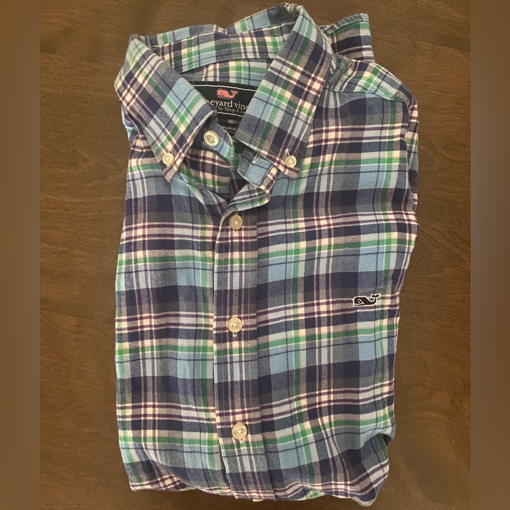 Vineyard Vines Blue Purple Green Flannel Whale Shirt Medium